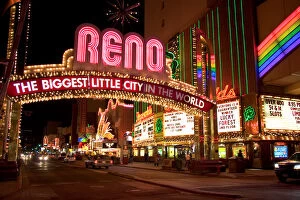 N.A. USA, Nevada, Reno. Neon lights and casinos along Virginia Street