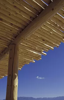 NA, USA, New Mexico, Petroglyph NM Visitor Center Southwestern latillas on vigas