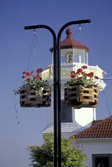 Sound Prints: NA, USA, Washington, Mukilteo Hanging flower baskets and the Mukilteo Lighthouse