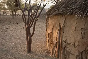 Opuwo Prints: Namibia, Opuwo. Partial view of mud hut and Himba village