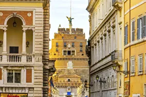 Rome Prints: Narrow Roman street, St. Angelo Bridge, Rome, Italy. Bridge first built by Emperor