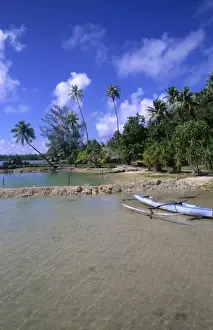 Restful Prints: Native boat beach and palm in Tahiti in French Polynesia in the South Pacific Rim