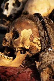 Images Dated 10th March 2006: near Nasca, Peru. Skull with braided hair and skin, showing teeth badly worn down