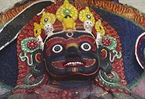 Nepal, Kathmandu, Close-up of statue of Kalbairab at a Hindu shrine