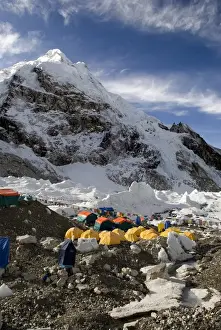 Images Dated 4th May 2011: Nepal, Mount Everest. The tents of mountaineers are scattered along the Khumbu Glacier