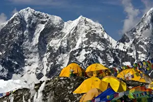 Nepal, Mount Everest. The tents of mountaineers are scattered along the Khumbu Glacier