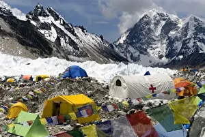 Images Dated 4th May 2011: Nepal, Mount Everest. The tents of mountaineers are scattered along the Khumbu Glacier