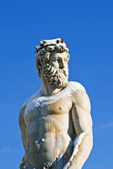 Neptune Prints: The Neptune (Biancone) fountain with snow during winter time, Firenze, Tuscany