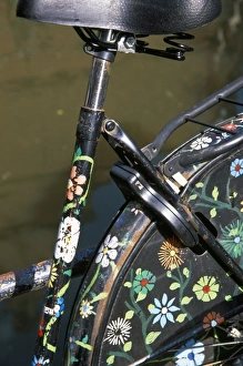 North Holland Prints: The Netherlands, North Holland, Amsterdam. Bicycle brightly painted with flowers
