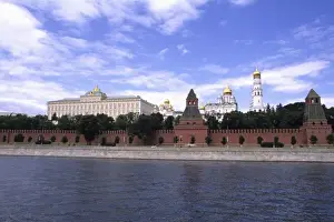Kremlin Prints: The new Russia Moscow the famous walls of the Kremlin Government from the Moscow River
