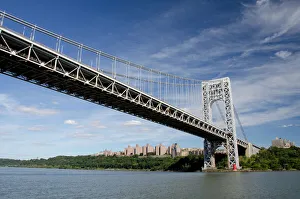 New York City Prints: New York, New York, Hudson River. George Washington Bridge and Little Red Lighthouse