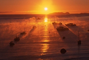 New Zealand, Misty Sunrise and Fishing Boats, Halfmoon Bay, Stewart Island / Rakiura