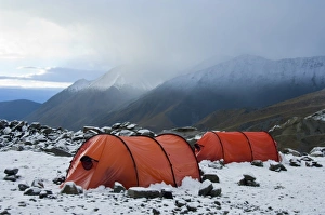 New Zealand, South Island, Arrowsmith Range. Snowy campsite with Hilleberg tents