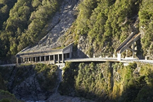 Westland Prints: New Zealand, South Island, West Coast, Rockslide and Water Bridges over Arthurs Pass Road