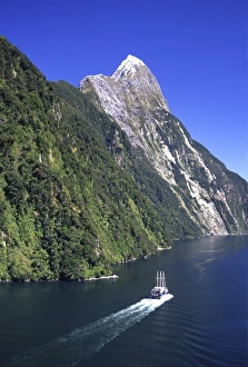 Majestic Prints: New Zealand, Tour Boat & Mitre Peak, Milford Sound, Fiordland National Park - aerial