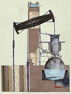 Mine Prints: Newcomen steam engine invented by Thomas Newcomen in 1712. It consisted of a pump