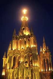 Mexicana Prints: Night time exposure photo famous Parish Church town square San Miguel de Allende Mexico