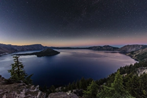Oregon Prints: Night time stars over Crater Lake in Crater Lake National Park, Oregon, USA