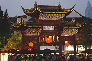 Nanjing Prints: Night view of archway in Confucius Temple square, Nanjing, Jiangsu, China