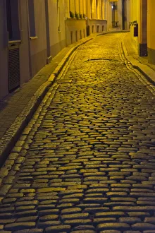 Baltic Prints: Night view of cobblestone street in the old town, Riga, Latvia