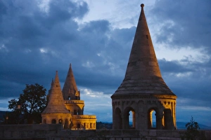 Castle Hill Prints: Night view of Fishermans Bastion, Castle Hill, Budapest, Hungary