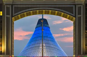 Cityscape Prints: Night view of Khan Shatyr Entertainment Center (a 150-m high transparent tent