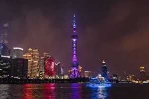 Cityscape Prints: Night view of Oriental Pearl TV Tower and high-rises by Huangpu River, Pudong, Shanghai