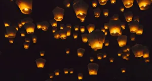 Chinese Prints: Night view of Sky Lanterns in the air during Chinese Lantern Festival, Shifen, Taiwan