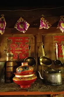 Images Dated 1st June 2006: Noodle bowl in Kitchen or cooking area inside of a Tibetan house. Zhongdian. Deqin