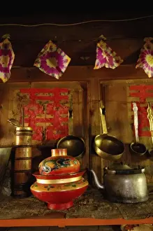 Ethnic Minority Prints: Noodle bowl in Kitchen or cooking area inside of a Tibetan house. Zhongdian. Deqin