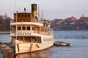 Commuter Prints: Norrskar moored at the Blasieholmen. White Waxholm boats Waxholmsbatar typical for