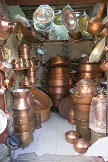 Craftsman Prints: North Africa, Morocco, Fes, Medina store of Copper and Brass