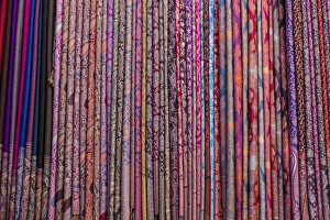 North Africa, Morocco, Marrakech, Jemma El Efna, Souk, varieties of scarves for sale