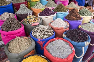 Images Dated 29th April 2015: North Africa, Morocco, Marrakech. Bags of herbs, spices and dried floral and vegetable