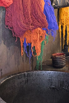 Images Dated 29th April 2015: North Africa, Morocco, Marrakech. Dying works section (yarn, wool)of Jemna El Efna