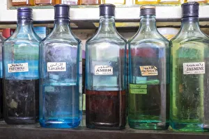 Images Dated 29th April 2015: North Africa, Morocco, Marrakech, Jemma El Efna, Souk, colorful bottles of fragrances