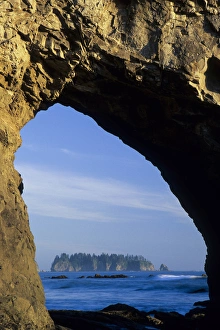 John Lisa Merrill Prints: North Amercia, Washington, island viewed through arch in sea stack, Rialto Beach