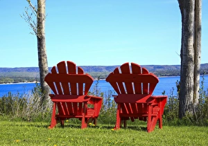 North America, Canada, Nova Scotia, Adirondack chairs near Cabot Trail, Cape Beton