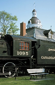 Kingston Prints: North America, Canada, Ontario, Kingston. City hall and historic locomotive