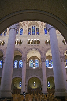 Images Dated 27th August 2007: North America, Canada, Quebec, Sainte-Anne-de-Beaupre. Stained glass windows, pews