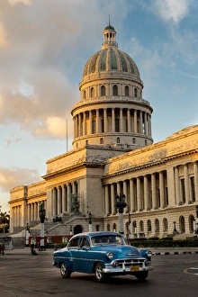 North America, Caribbean, Cuba, Havana, Capitol and classic car in historic Old Havana