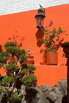 Images Dated 17th February 2006: North America, Mexico, Guanajuato. Colorful wall with lantern and potted plants