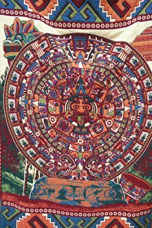 Trending: North America, Mexico, Teotihuacan, souvenir blanket with colorful Aztec calendar design