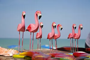 North America, Mexico, Yucatan, Celestun. Wooden pink flamingos displayed in a craft