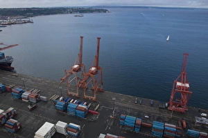 Images Dated 18th September 2011: North America, United States, Washington, Seattle, Port of Seattle, aerial view of cranes