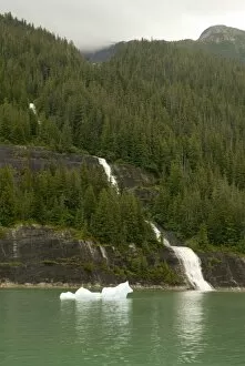 Images Dated 25th July 2006: North America, USA, AK, Inside Passage. Waterfall through forest to ocean with ice floe