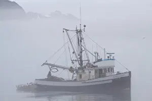 Valdez Prints: North America; USA; Alaska; Valdez; Fishing Boat in Fog with Mountains in Background