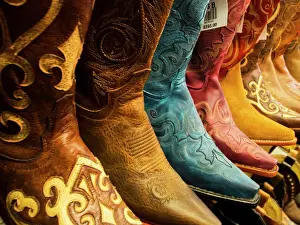 North America; USA; Arizona; Old Scotsdale; Line up of new cowboy boots