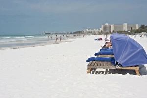 North America, USA, Florida, Sarasota, Crescent Beach, Siesta Key, People in cabanas