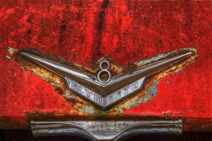 Images Dated 9th March 2012: North America, USA, Georgia; Hood ornament on old rusted red Plymouth car at Old